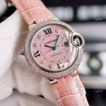Cartier Ballon Bleu 33mm With Diamonds Bezel Pink MOP Dial Pink Leather Strap Copy Watch